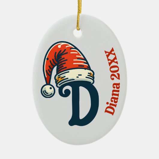 Gepersonaliseerde eerste letter naam en jaar Santa Keramisch Ornament (Voorkant)