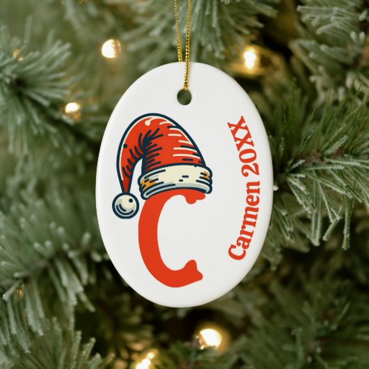 Gepersonaliseerde eerste letter naam en jaar Santa Keramisch Ornament (Boom)