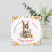 Gepersonaliseerde eerste paaskonijn, 1e paaskonijn feestdagenkaart (Staand voorkant)
