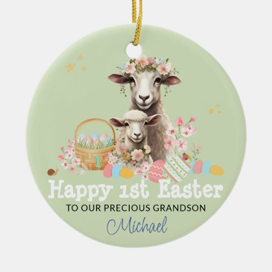 Gepersonaliseerde Eerste Pasen Keepsake GROEN Lam Keramisch Ornament (Voorkant)