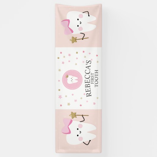 Gepersonaliseerde Eerste Tand meisje party decorat Spandoek (Verticaal)