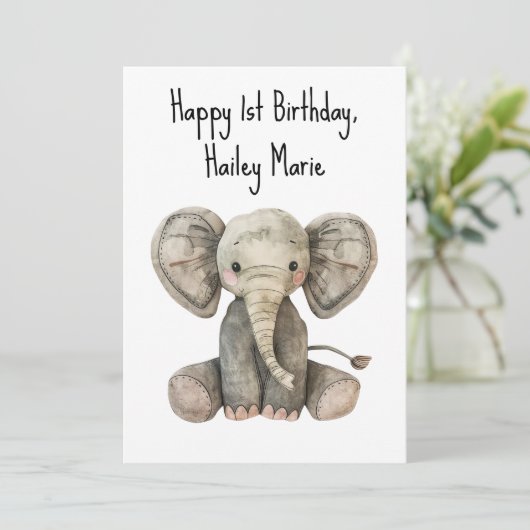 Gepersonaliseerde eerste verjaardag gevulde olifan kaart (Staand voorkant)