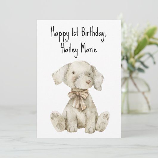 Gepersonaliseerde eerste verjaardag knuffelhond Sp Kaart (Staand voorkant)