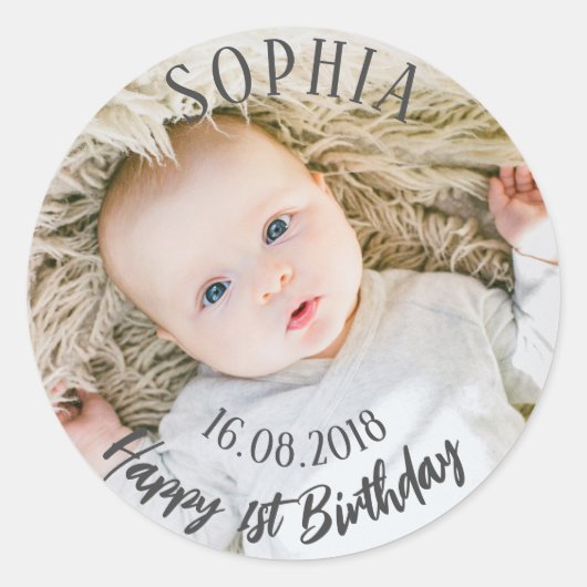 Gepersonaliseerde eerste verjaardag ronde sticker (Voorkant)