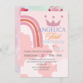 Gepersonaliseerde eerste verjaardag roze uitnodigi kaart (Voorkant / Achterkant)