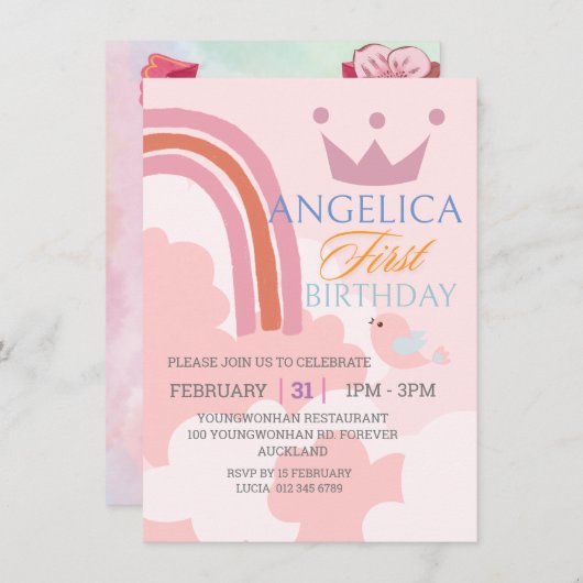 Gepersonaliseerde eerste verjaardag roze uitnodigi kaart (Voorkant / Achterkant)