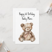 Gepersonaliseerde eerste verjaardag teddybeer kaart (Voorkant / Achterkant in situ)