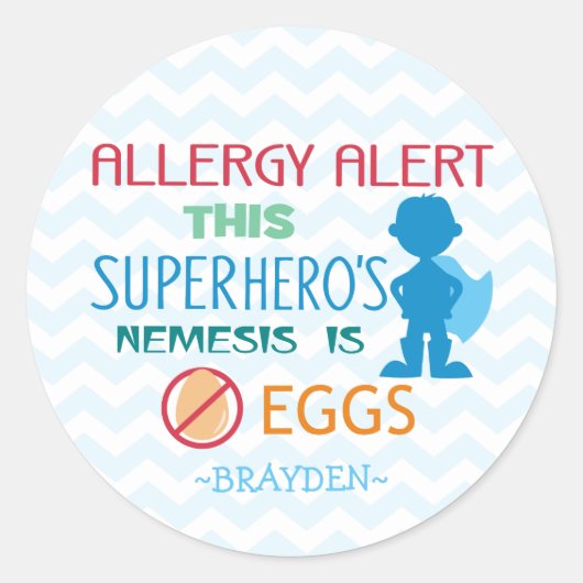 Gepersonaliseerde eierallergie Alert Superhero Boy Ronde Sticker (Voorkant)