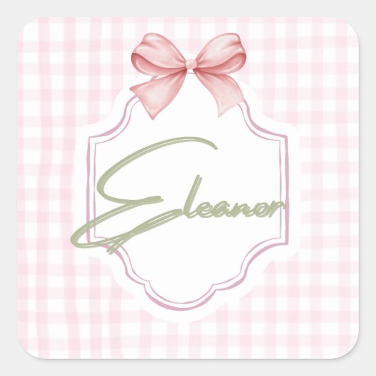 Gepersonaliseerde Eleanor Baby Girl Nursery Gingha Vierkante Sticker (Voorkant)