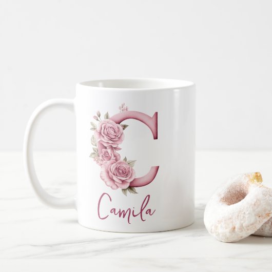 Gepersonaliseerde Elegant Blush Roze Bloemen Monog Koffiemok (Met donut)