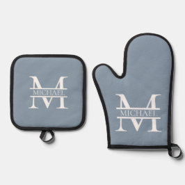 Gepersonaliseerde Elegant Dusty Blauw Monogram en  Ovenwant & Pannenlap Set