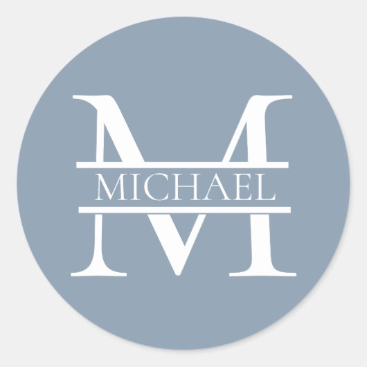 Gepersonaliseerde Elegant Dusty Blauw Monogram en Ronde Sticker (Voorkant)