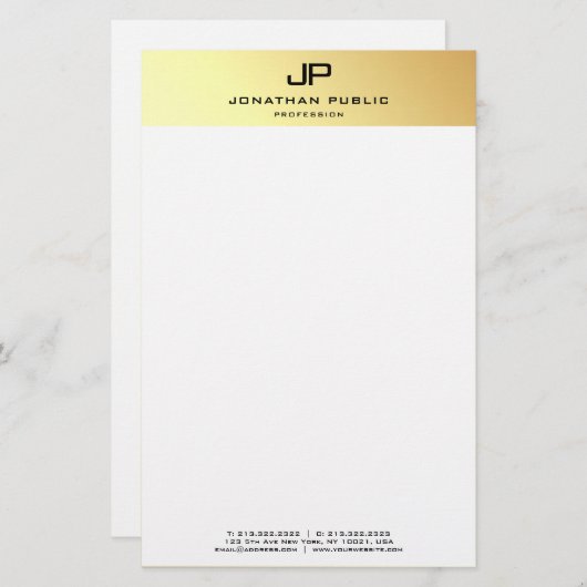 Gepersonaliseerde Elegant Goud Wit Sjabloon Modern Briefpapier (Voorkant / Achterkant)