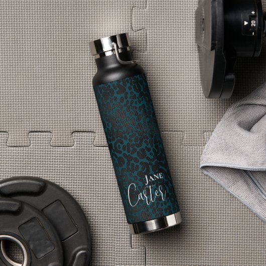 Gepersonaliseerde Elegant Green Black Leopard Waterfles (Gym)