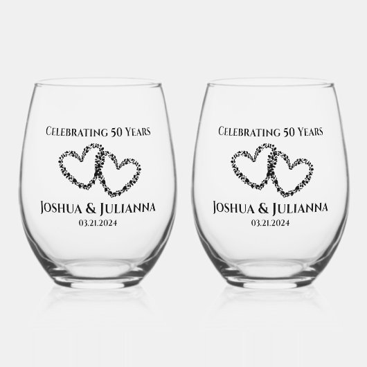 Gepersonaliseerde Elegant Hart 50ste Jubileum Gift Wijnglas Zonder Voet (Voorkant)