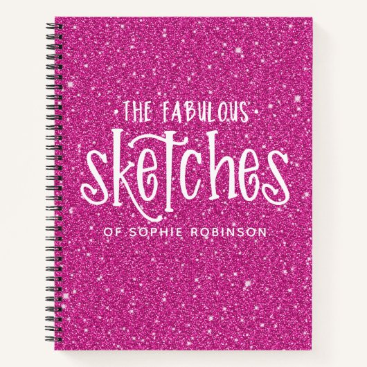 Gepersonaliseerde Elegant Hot Pink Glitter Sketchb Notitieboek (Voorkant)