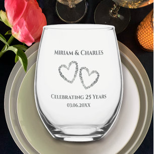 Gepersonaliseerde Elegant Modern Heart 25e Jubileu Wijnglas Zonder Voet