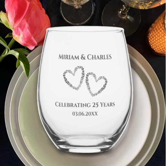 Gepersonaliseerde Elegant Modern Heart 25e Jubileu Wijnglas Zonder Voet
