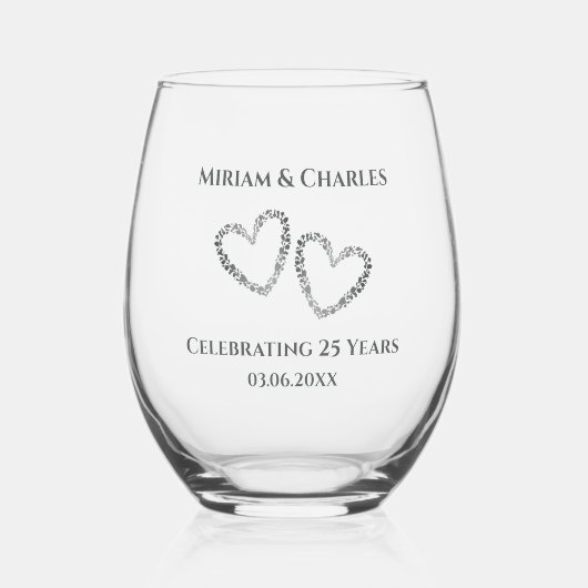 Gepersonaliseerde Elegant Modern Heart 25e Jubileu Wijnglas Zonder Voet (Voorkant)