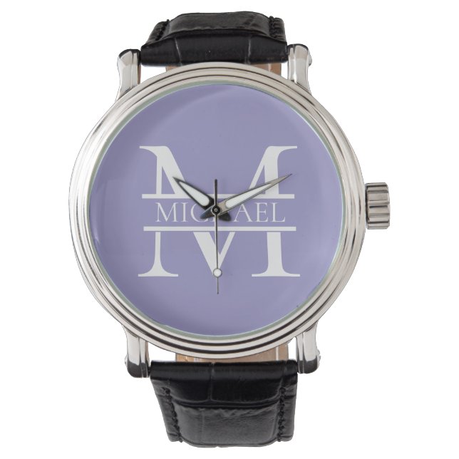 Gepersonaliseerde Elegant Paarse Monogram en Naam Horloge (Voorkant)
