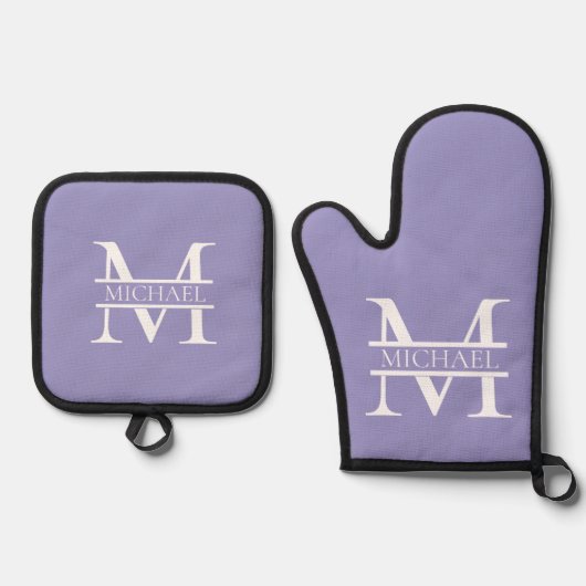 Gepersonaliseerde Elegant Paarse Monogram en Naam Ovenwant & Pannenlap Set (Voorkant)