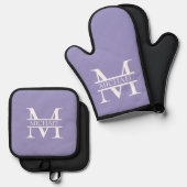 Gepersonaliseerde Elegant Paarse Monogram en Naam Ovenwant & Pannenlap Set (Voorkant / Achterkant)