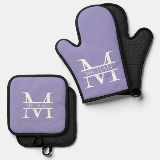 Gepersonaliseerde Elegant Paarse Monogram en Naam Ovenwant & Pannenlap Set (Voorkant / Achterkant)