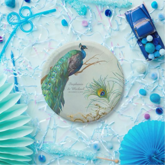 Gepersonaliseerde Elegant Peacock op Tree Branch A Papieren Bordje (Feest)