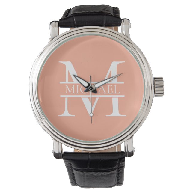 Gepersonaliseerde Elegant Perzik Monogram en Naam Horloge (Voorkant)