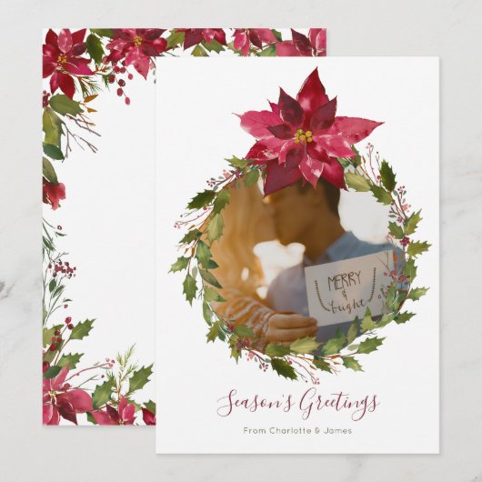 Gepersonaliseerde Elegant Poinsettia Wreater Kerst Feestdagenkaart (Voorkant / Achterkant)