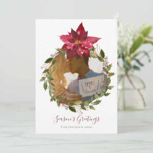 Gepersonaliseerde Elegant Poinsettia Wreater Kerst Feestdagenkaart (Staand voorkant)