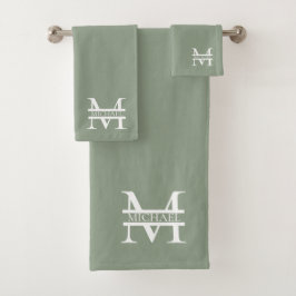 Gepersonaliseerde Elegant Sage Green Monogram & Na Bad Handdoek