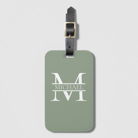 Gepersonaliseerde Elegant Sage Green Monogram & Na Bagagelabel (Voorkant (verticaal))