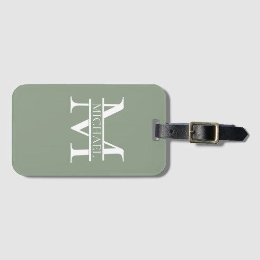 Gepersonaliseerde Elegant Sage Green Monogram & Na Bagagelabel (Voorkant (horizontaal))