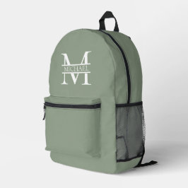Gepersonaliseerde Elegant Sage Green Monogram & Na Bedrukte Rugzak