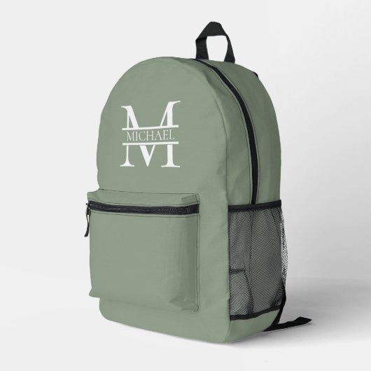 Gepersonaliseerde Elegant Sage Green Monogram & Na Bedrukte Rugzak (Achterkant Hoek Rechts)