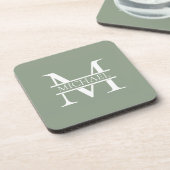 Gepersonaliseerde Elegant Sage Green Monogram & Na Bier Onderzetter (Linkerzijde)