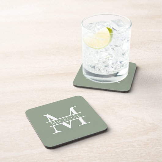 Gepersonaliseerde Elegant Sage Green Monogram & Na Bier Onderzetter (Rechterzijde)