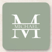 Gepersonaliseerde Elegant Sage Green Monogram & Na Bier Onderzetter (Voorkant)