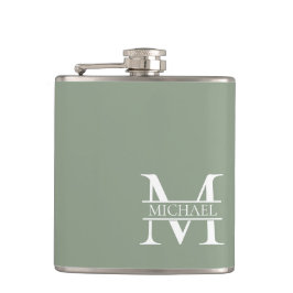Gepersonaliseerde Elegant Sage Green Monogram & Na Heupfles