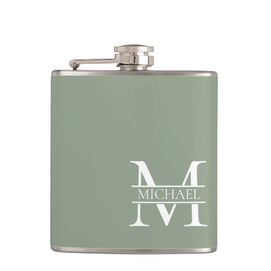 Gepersonaliseerde Elegant Sage Green Monogram & Na Heupfles (Voorkant)