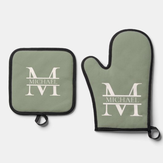 Gepersonaliseerde Elegant Sage Green Monogram & Na Ovenwant & Pannenlap Set (Voorkant)