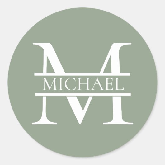 Gepersonaliseerde Elegant Sage Green Monogram & Na Ronde Sticker (Voorkant)