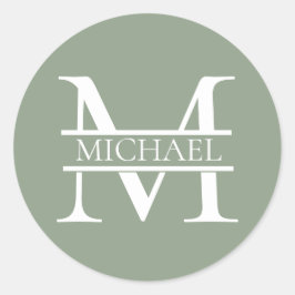 Gepersonaliseerde Elegant Sage Green Monogram & Na Ronde Sticker