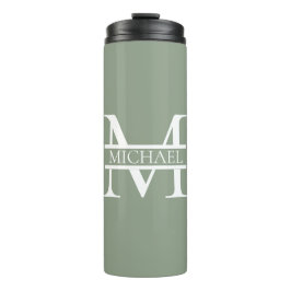 Gepersonaliseerde Elegant Sage Green Monogram & Na Thermosbeker