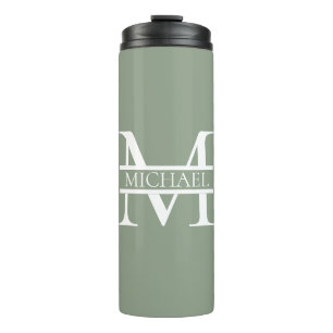 Gepersonaliseerde Elegant Sage Green Monogram & Na Thermosbeker