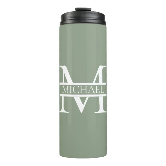 Gepersonaliseerde Elegant Sage Green Monogram & Na Thermosbeker (Voorkant)