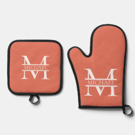 Gepersonaliseerde Elegant Terracotta Monogram en N Ovenwant & Pannenlap Set