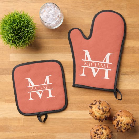 Gepersonaliseerde Elegant Terracotta Monogram en N Ovenwant & Pannenlap Set (Top down)
