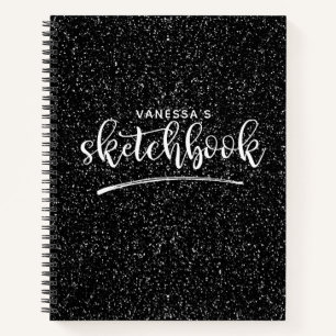 Gepersonaliseerde Elegant Zwart Glitter Sketchbook Notitieboek